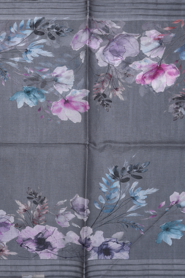 Kota Silk Saree In Grey With Floral Design