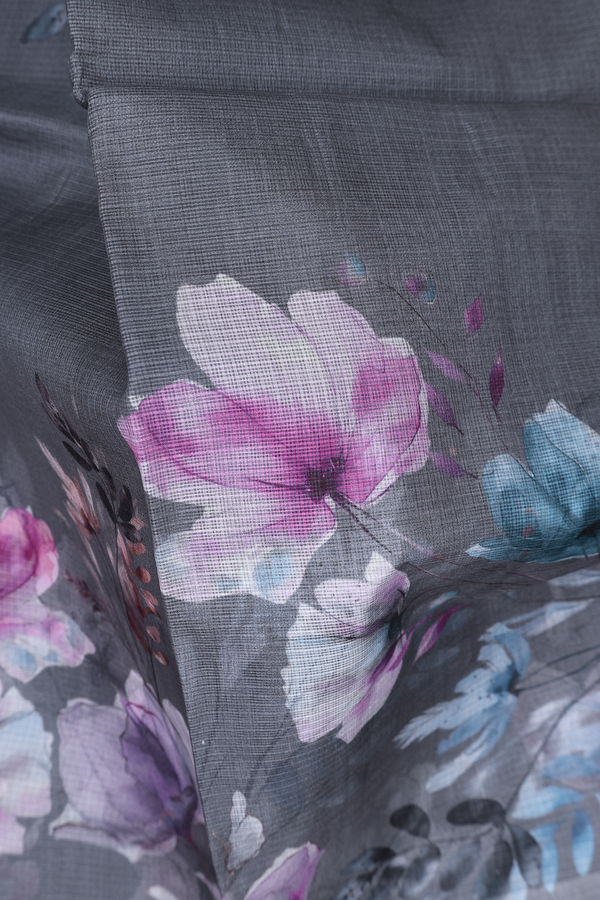 Kota Silk Saree In Grey With Floral Design