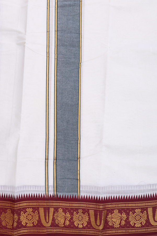 Sangu Chakram Border White Cotton Dhoti With Angavastram Set