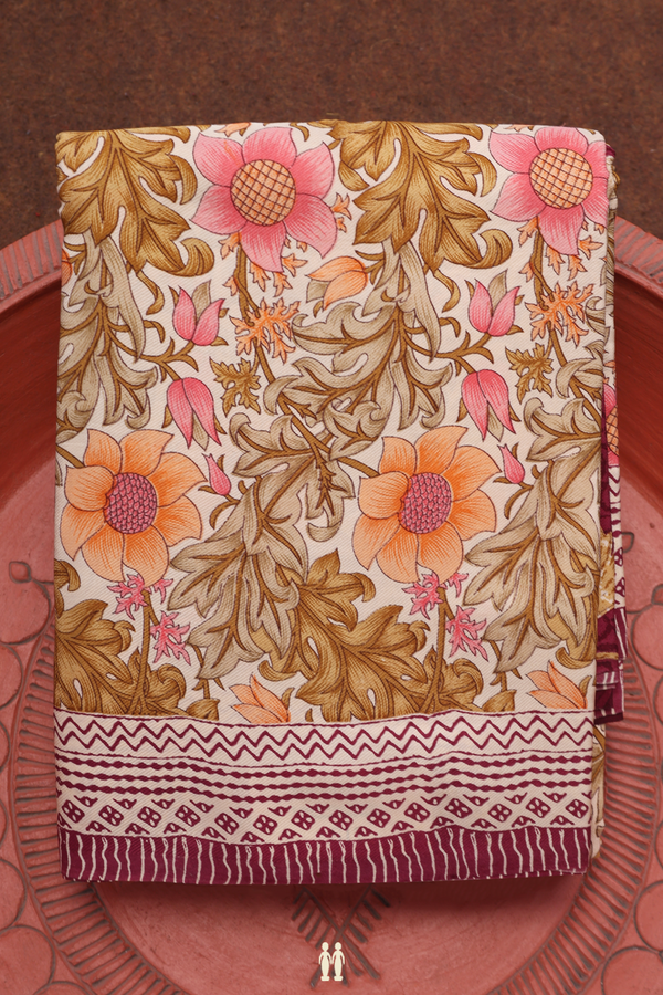 Satin Crepe Saree In Egg White With Floral Digital Printed