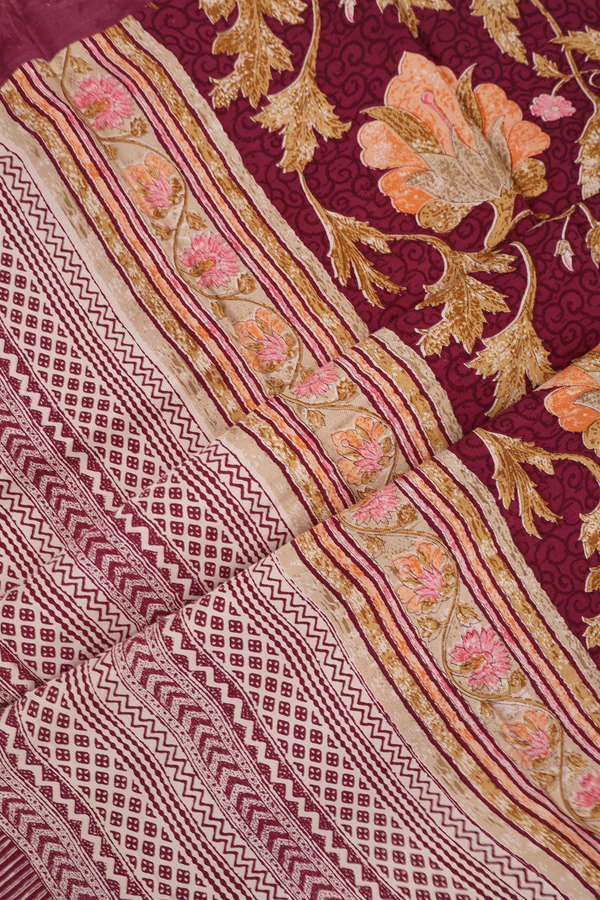 Satin Crepe Saree In Egg White With Floral Digital Printed