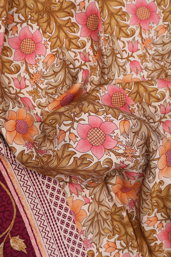 Satin Crepe Saree In Egg White With Floral Digital Printed