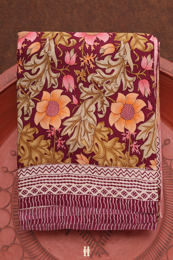 Satin Crepe Saree In Plum Purple With Floral Digital Printed