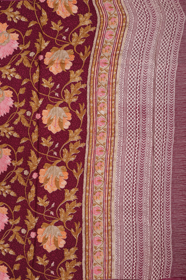 Satin Crepe Saree In Plum Purple With Floral Digital Printed