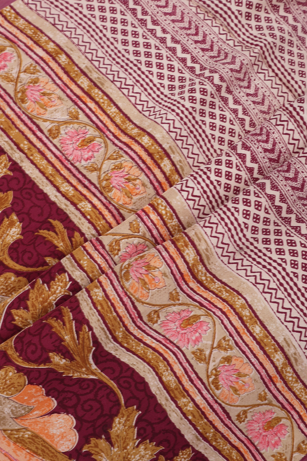 Satin Crepe Saree In Plum Purple With Floral Digital Printed