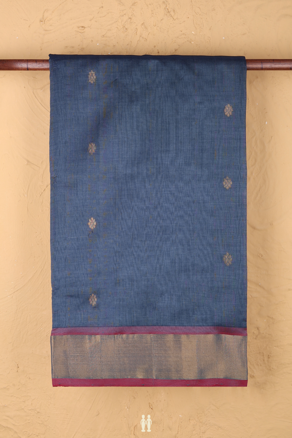 Semi Silk Cotton Saree In Pigeon Blue With Zari Buttas