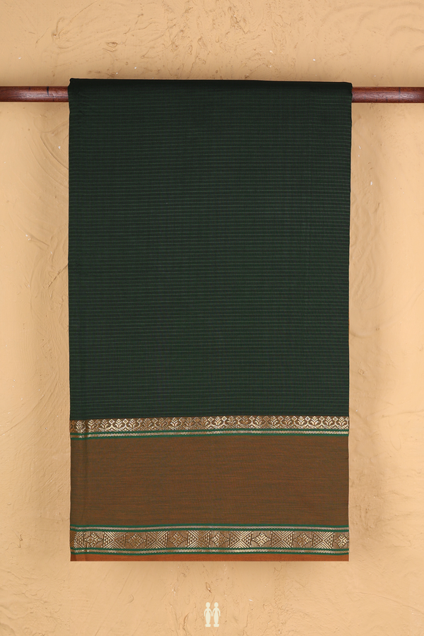 Semi Silk Cotton Saree In Bottle Green With Stripes Design