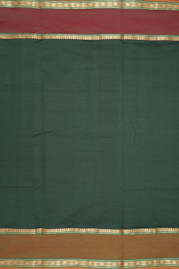 Semi Silk Cotton Saree In Bottle Green With Stripes Design