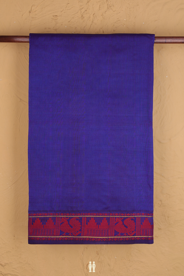 Semi Silk Cotton Saree In Blue With Peacock Border