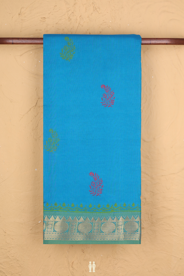 Semi Silk Cotton Saree In Blue With Printed Buttas