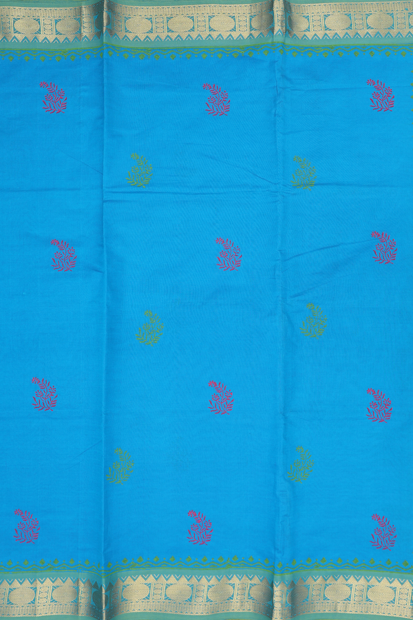 Semi Silk Cotton Saree In Blue With Printed Buttas