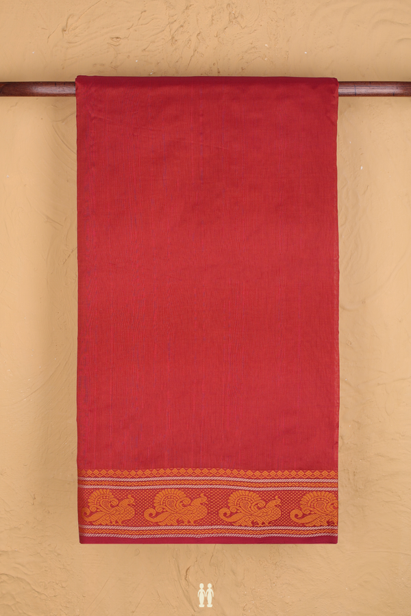 Semi Silk Cotton Saree In Brick Red With Peacock Border