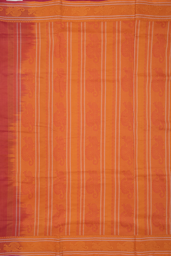 Semi Silk Cotton Saree In Brick Red With Peacock Border