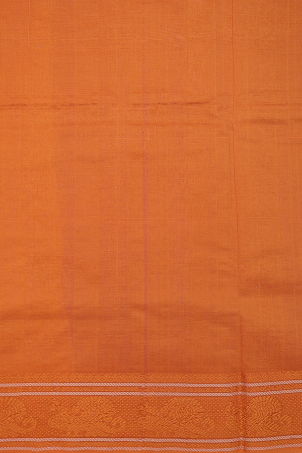 Semi Silk Cotton Saree In Brick Red With Peacock Border