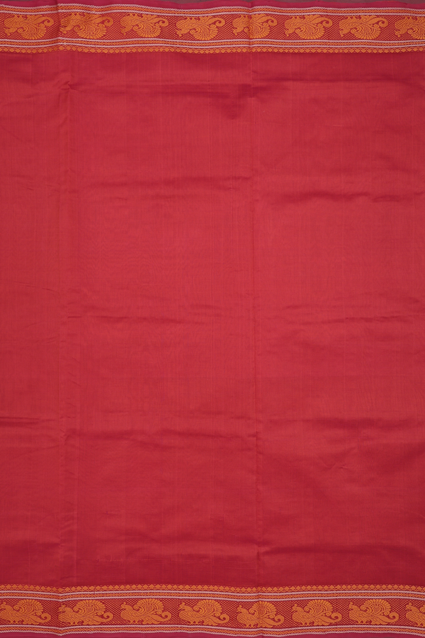 Semi Silk Cotton Saree In Brick Red With Peacock Border