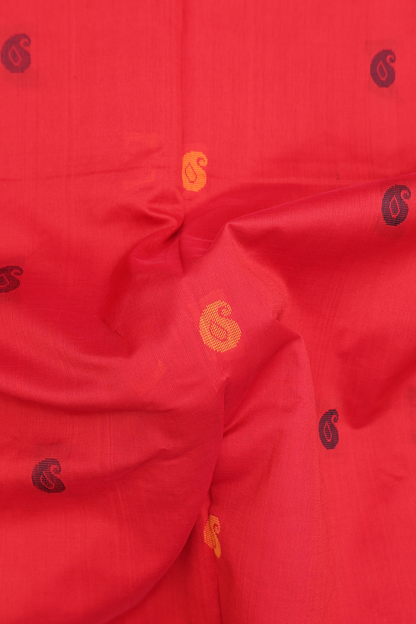 Semi Silk Cotton Saree In Chilli Red With Paisley Buttas