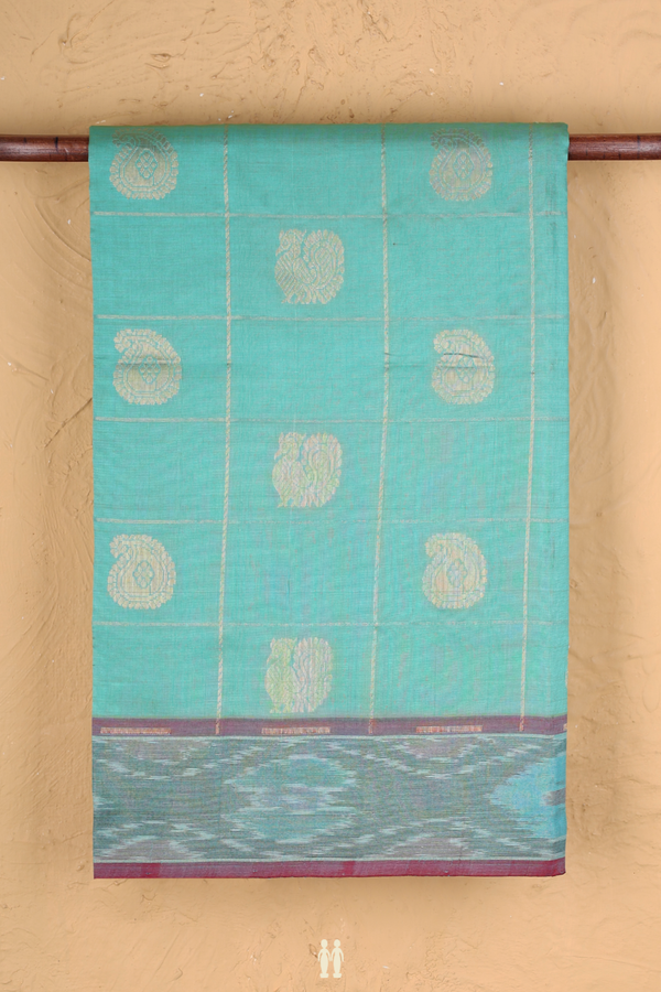 Semi Silk Cotton Saree In Dusty Green With Checks Design