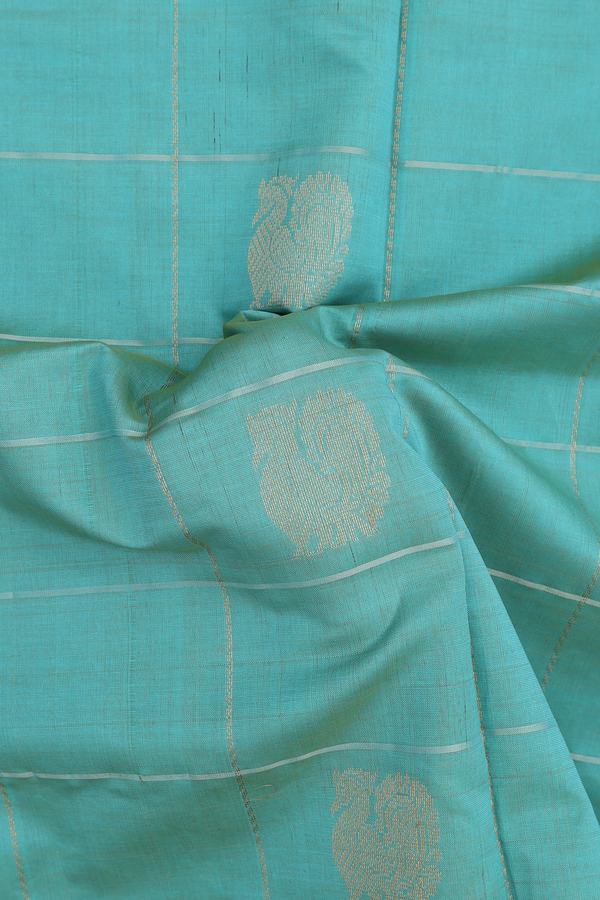 Semi Silk Cotton Saree In Dusty Green With Checks Design