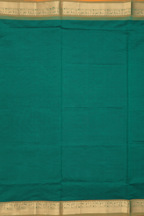 Semi Silk Cotton Saree In Emerald Green With Peacock Border
