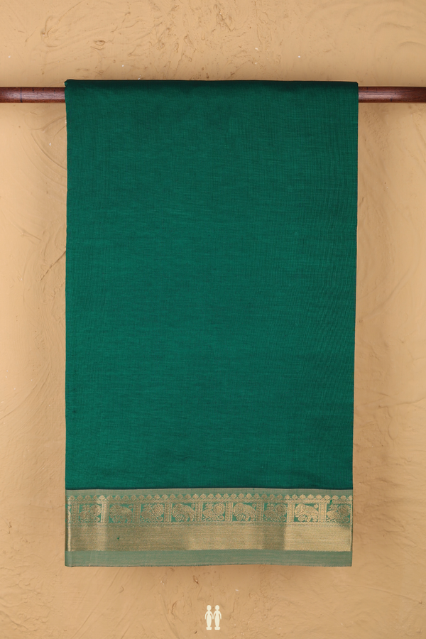 Semi Silk Cotton Saree In Forest Green With Peacock Border