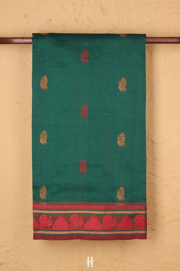 Semi Silk Cotton Saree In Forest Green With Peacock Buttas