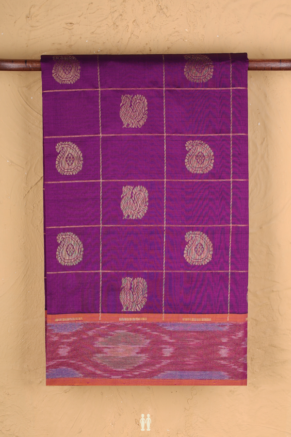Semi Silk Cotton Saree In Grape Purple With Checks Design
