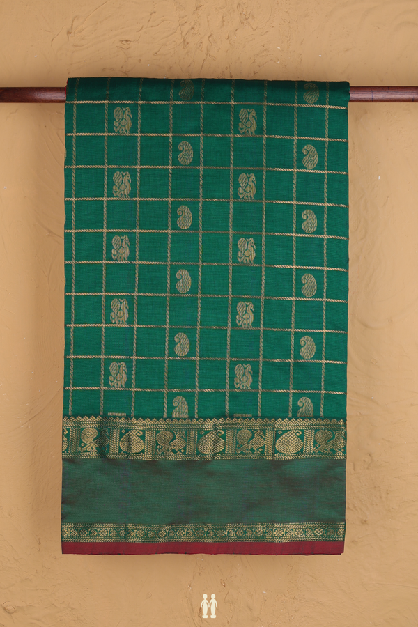 Semi Silk Cotton Saree In Green With Checks Design