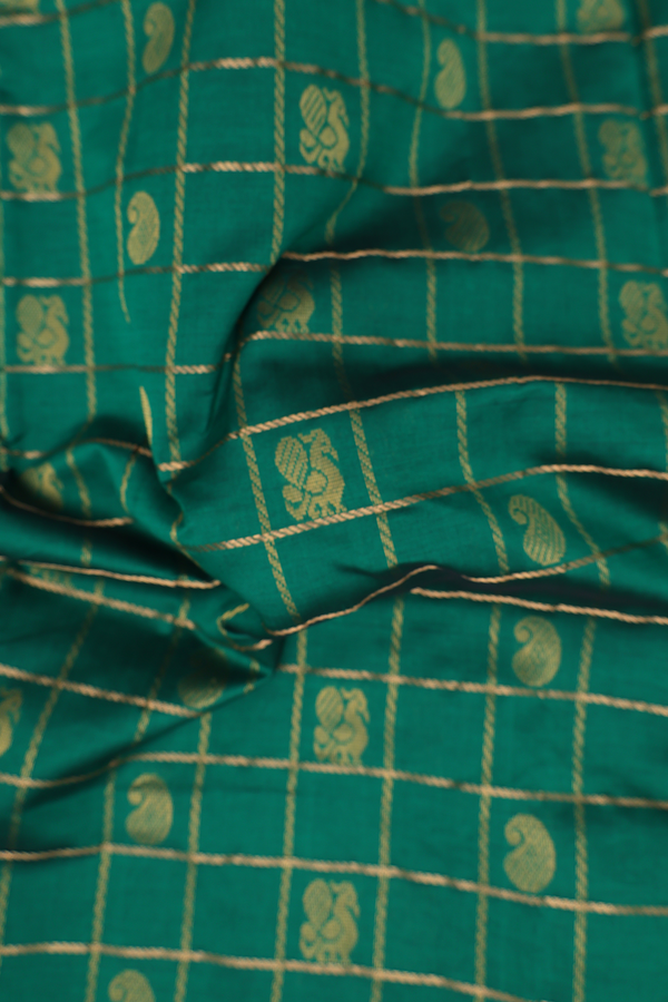 Semi Silk Cotton Saree In Green With Checks Design