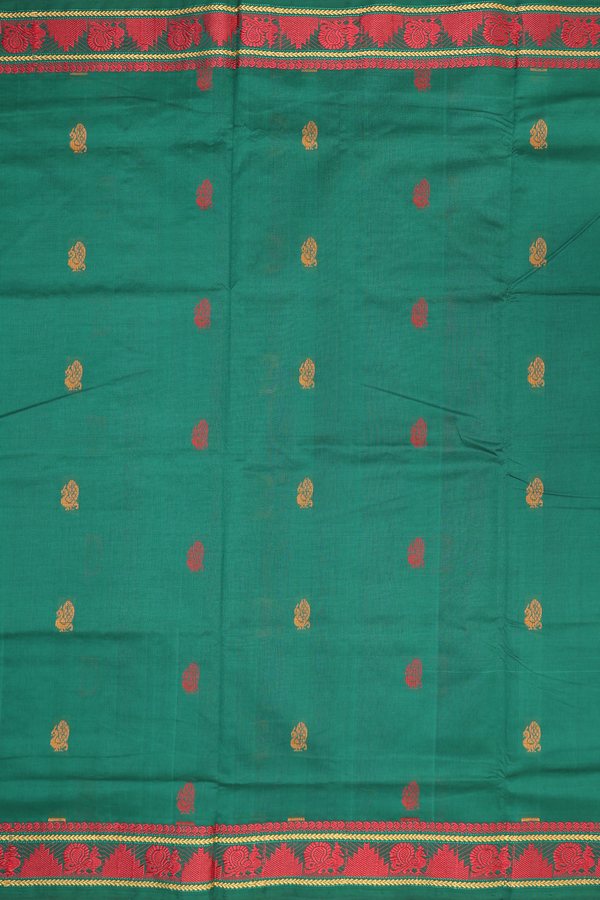 Semi Silk Cotton Saree In Green With Peacock Buttas