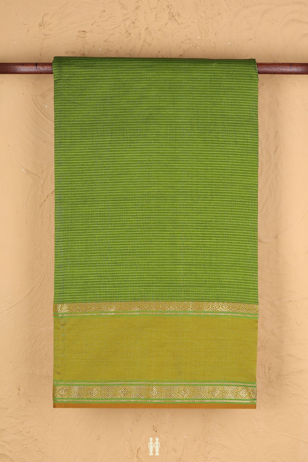Semi Silk Cotton Saree In Olive Green With Stripes Design