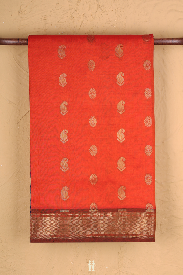 Semi Silk Cotton Saree In Bright Orange With Paisley Buttas