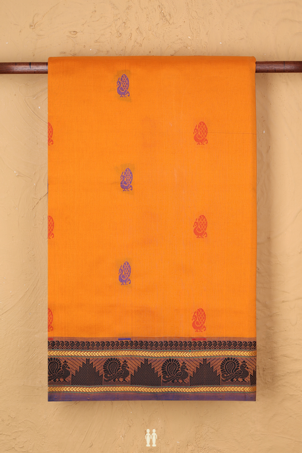 Semi Silk Cotton Saree In Orange With Peacock Buttas