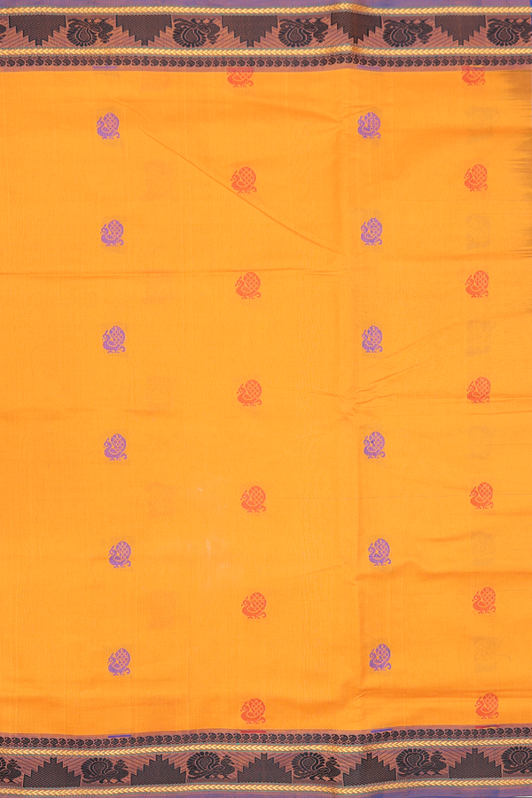 Semi Silk Cotton Saree In Orange With Peacock Buttas