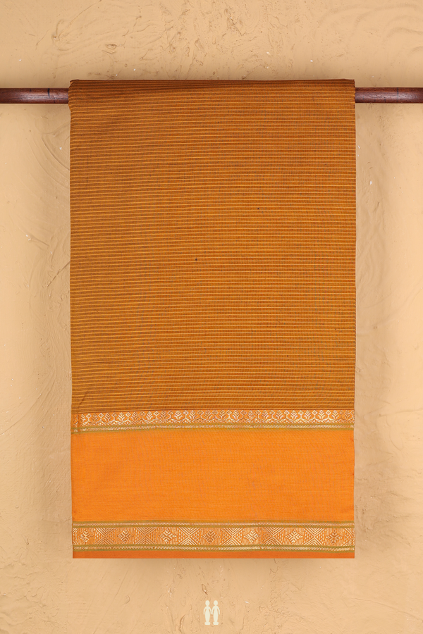 Semi Silk Cotton Saree In Orange With Stripes Design