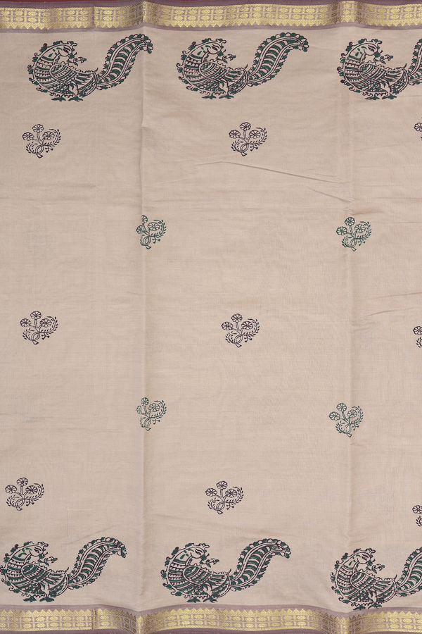 Semi Silk Cotton Saree In Pastel Brown With Floral Buttas