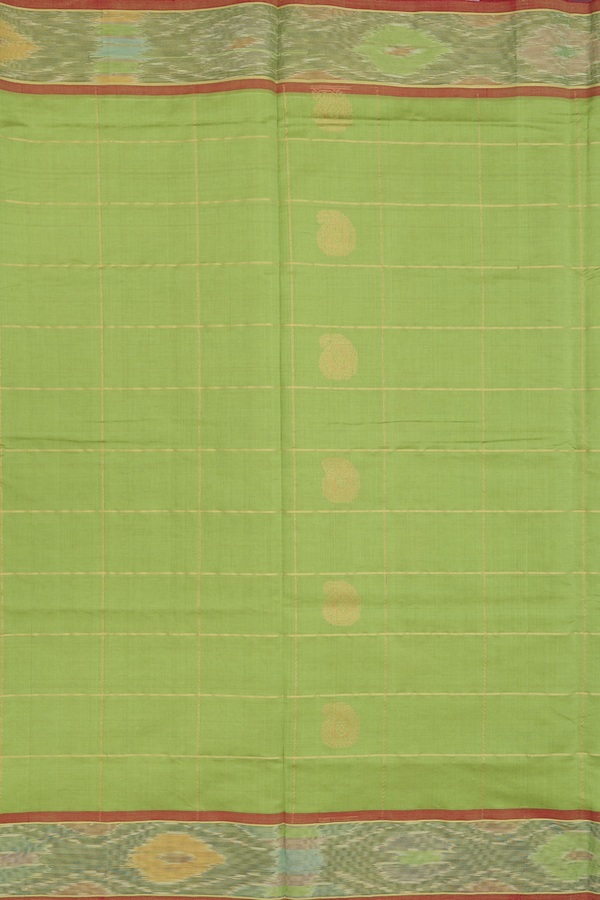 Semi Silk Cotton Saree In Pastel Green With Checks Design