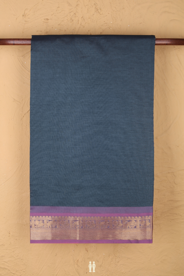 Semi Silk Cotton Saree In Pigeon Blue With Peacock Border