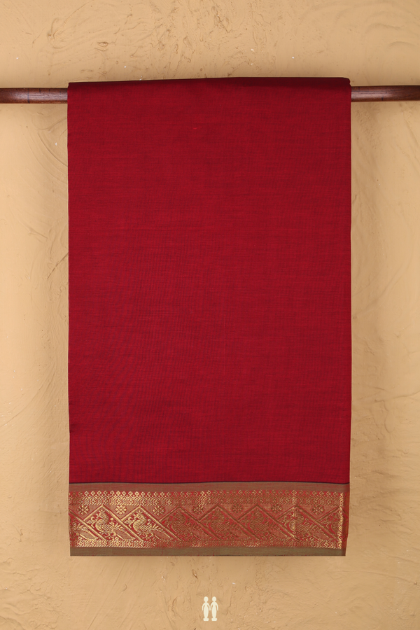 Semi Silk Cotton Saree In Red With Peacock Border