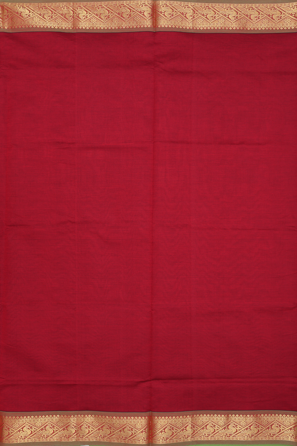 Semi Silk Cotton Saree In Red With Peacock Border