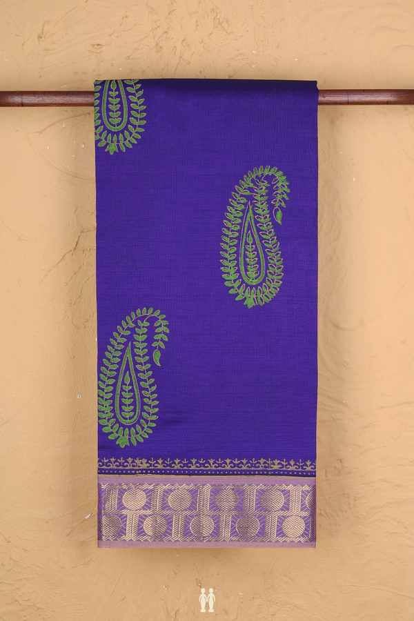 Semi Silk Cotton Saree In Royal Blue With Paisley Design