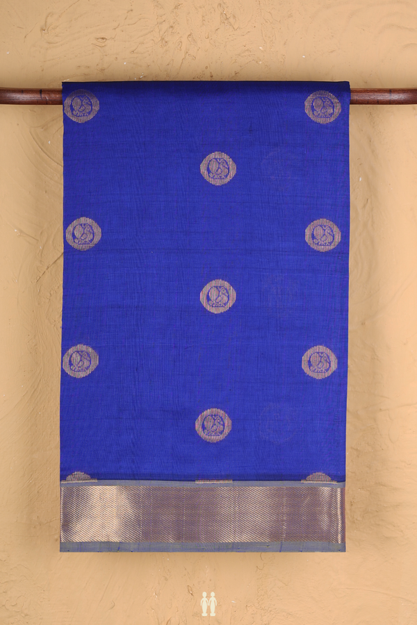 Semi Silk Cotton Saree In Royal Blue With Peacock Buttas