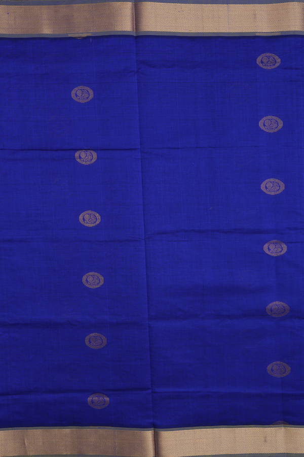 Semi Silk Cotton Saree In Royal Blue With Peacock Buttas