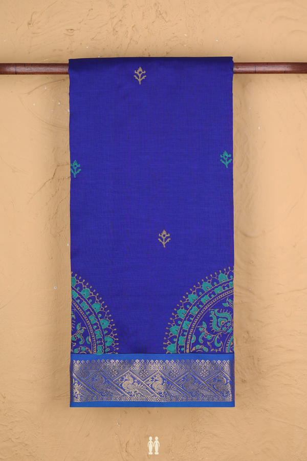 Semi Silk Cotton Saree In Royal Blue With Printed Buttas