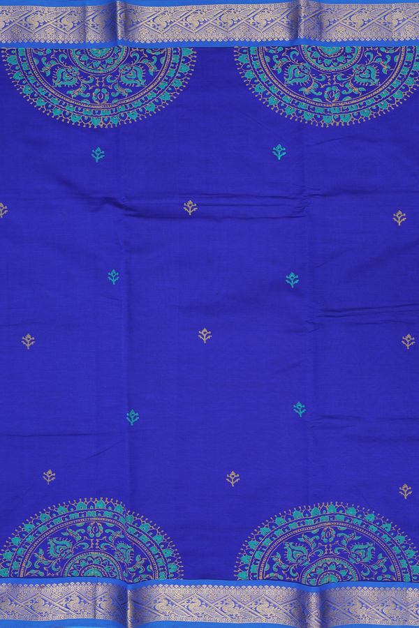 Semi Silk Cotton Saree In Royal Blue With Printed Buttas