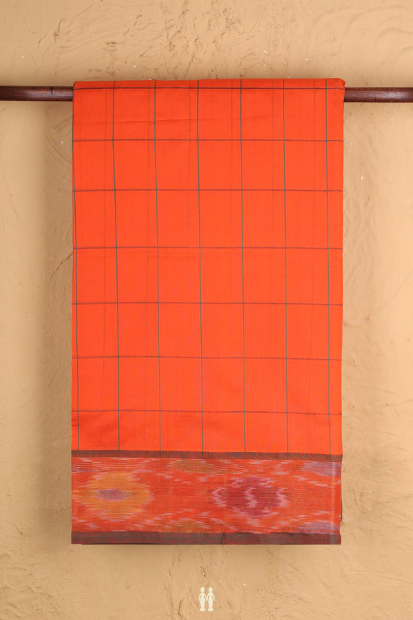 Semi Silk Cotton Saree In Royal Orange With Checks Design