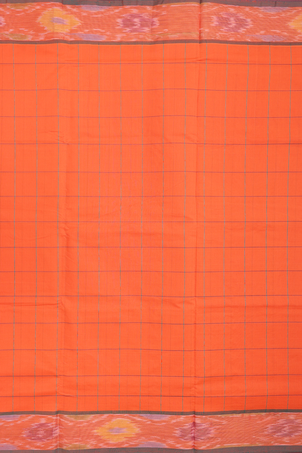 Semi Silk Cotton Saree In Royal Orange With Checks Design