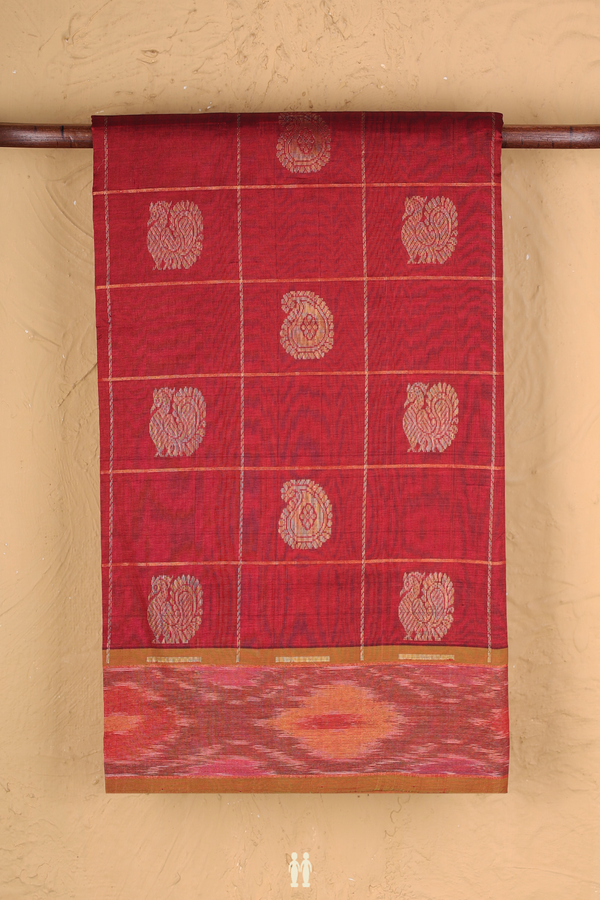 Semi Silk Cotton Saree In Rust Red With Checks Design