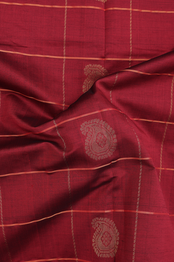 Semi Silk Cotton Saree In Rust Red With Checks Design