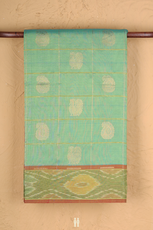 Semi Silk Cotton Saree In Seafoam With Checks Design