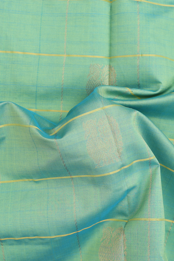 Semi Silk Cotton Saree In Seafoam With Checks Design